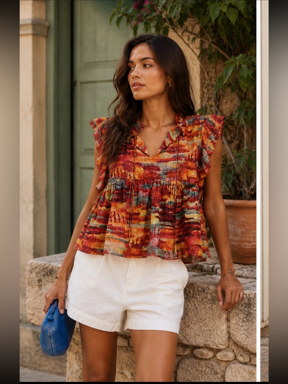 NWT CHUFY Ellis Abstract-Print Silk Babydoll Top Multicolor Size M